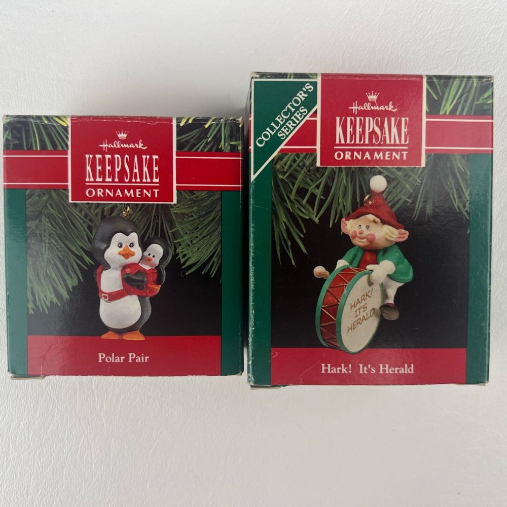 1990 Hallmark Keepsake Ornaments Lot Hark Its Herald Elf & Polar Pair Penguin